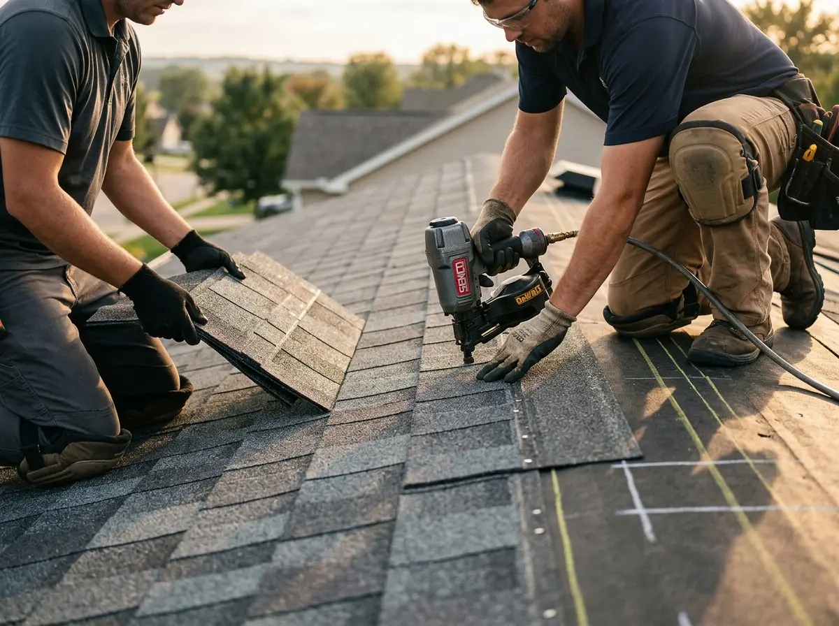 Professional roofer working on a residential roof in Hilo